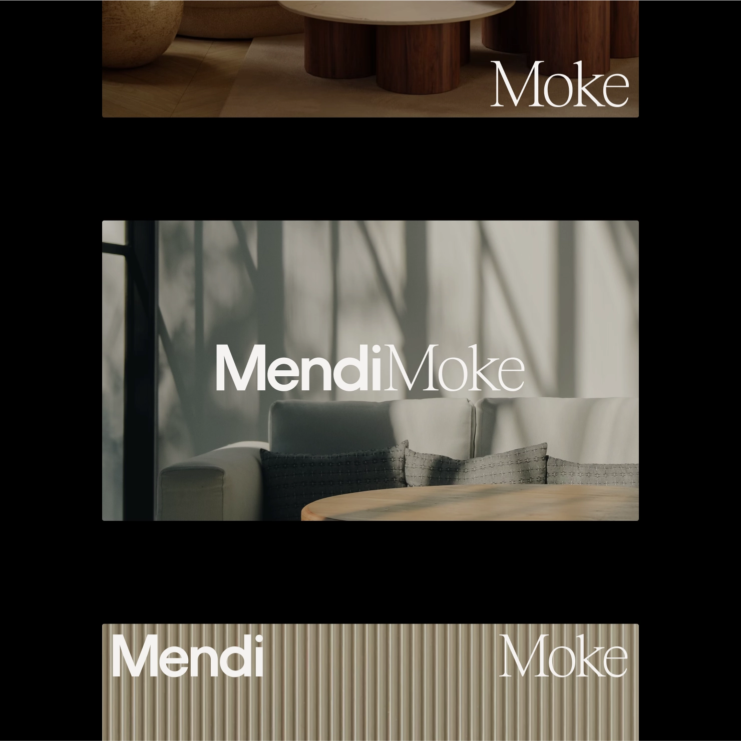 Branding Design for Mendi Moke, the wordmark over interior photography and fluted timber