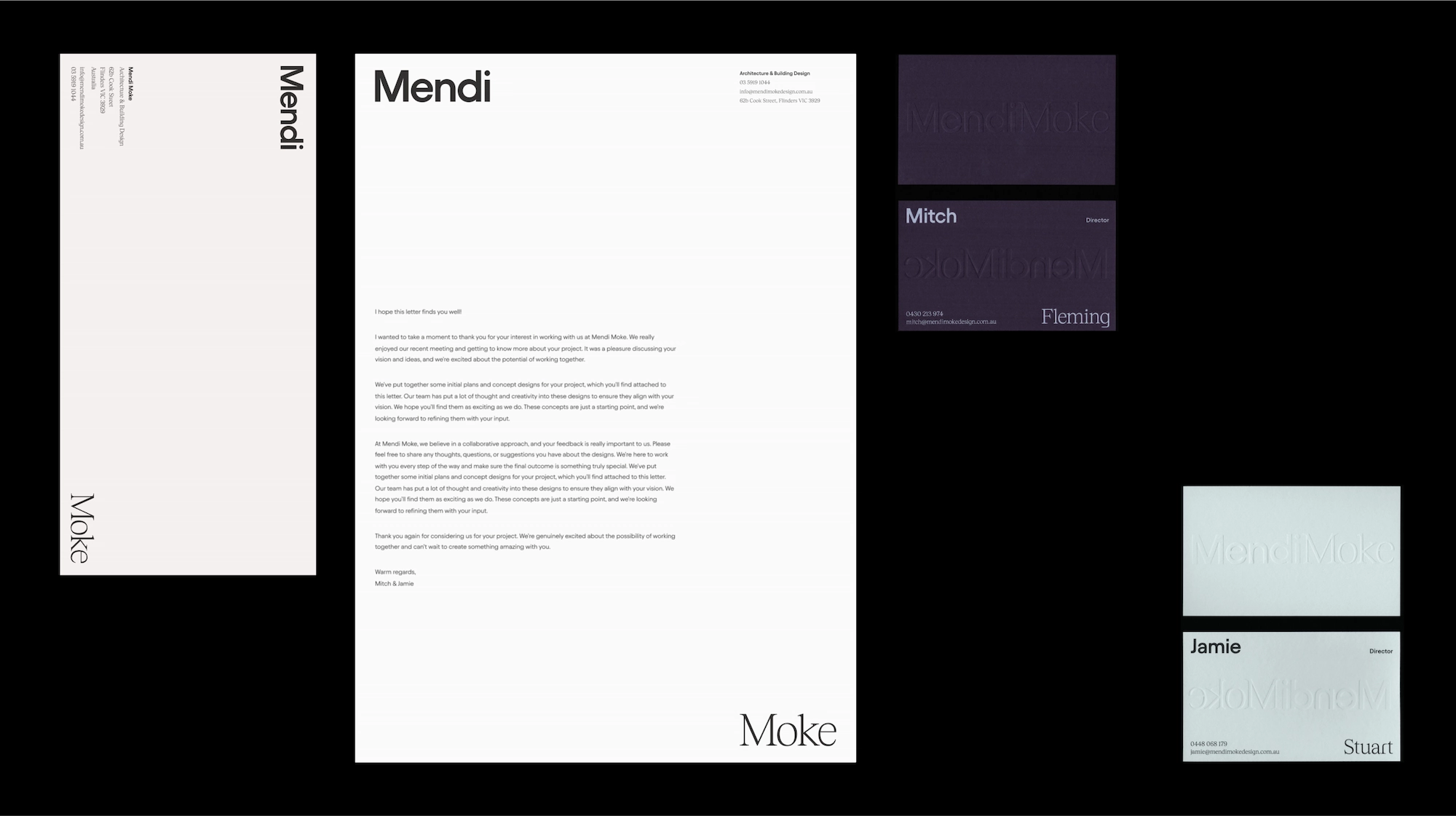 Stationery Design for Mendi Moke, letterhead, with compliments slip and business cards