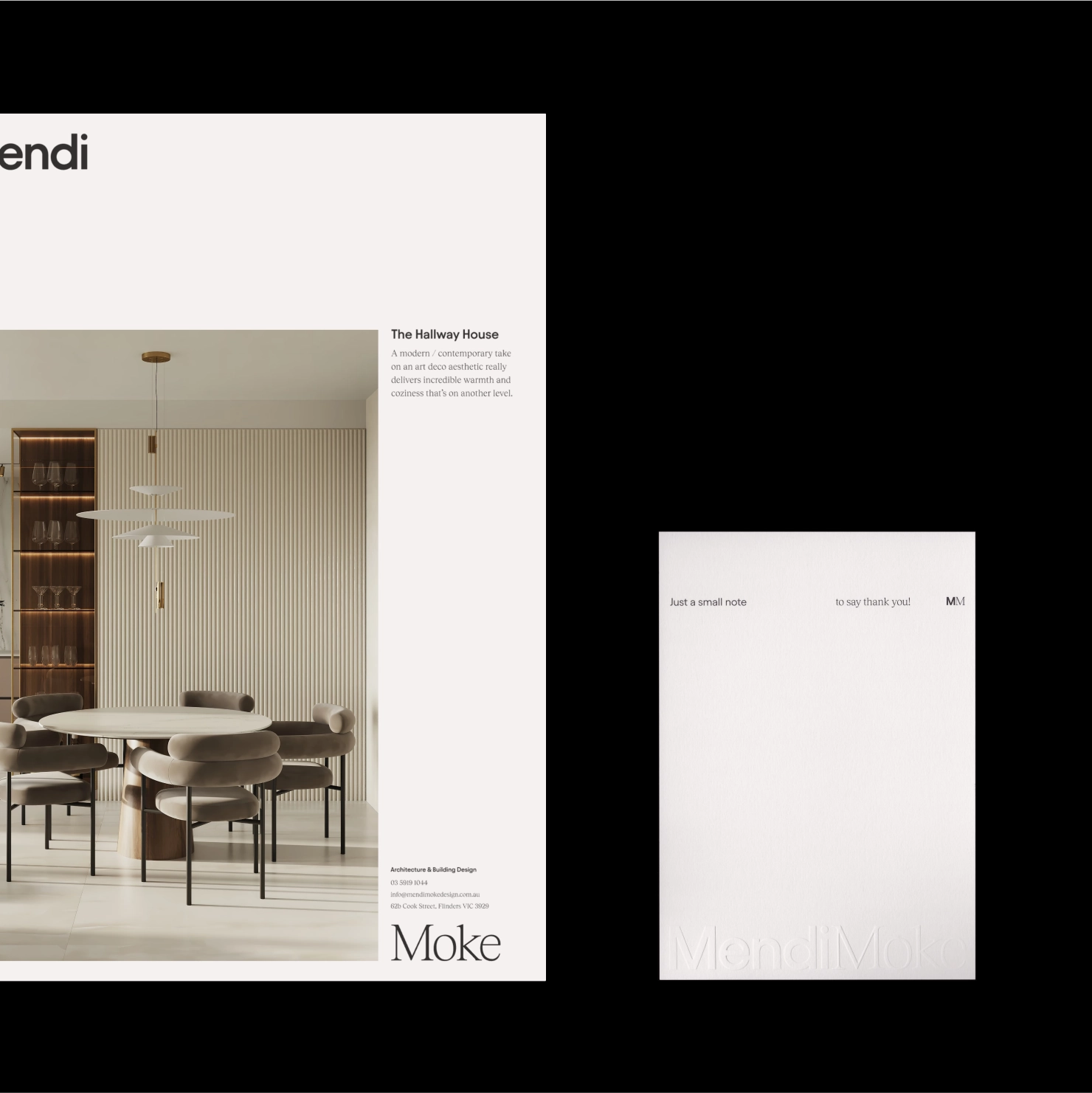 Branding Design for Mendi Moke, a poster for The Hallway House beside a compliments card