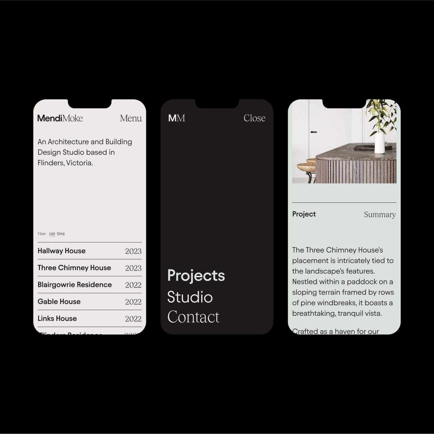 Mobile Website Design for Mendi Moke, the menu, project list and a project page