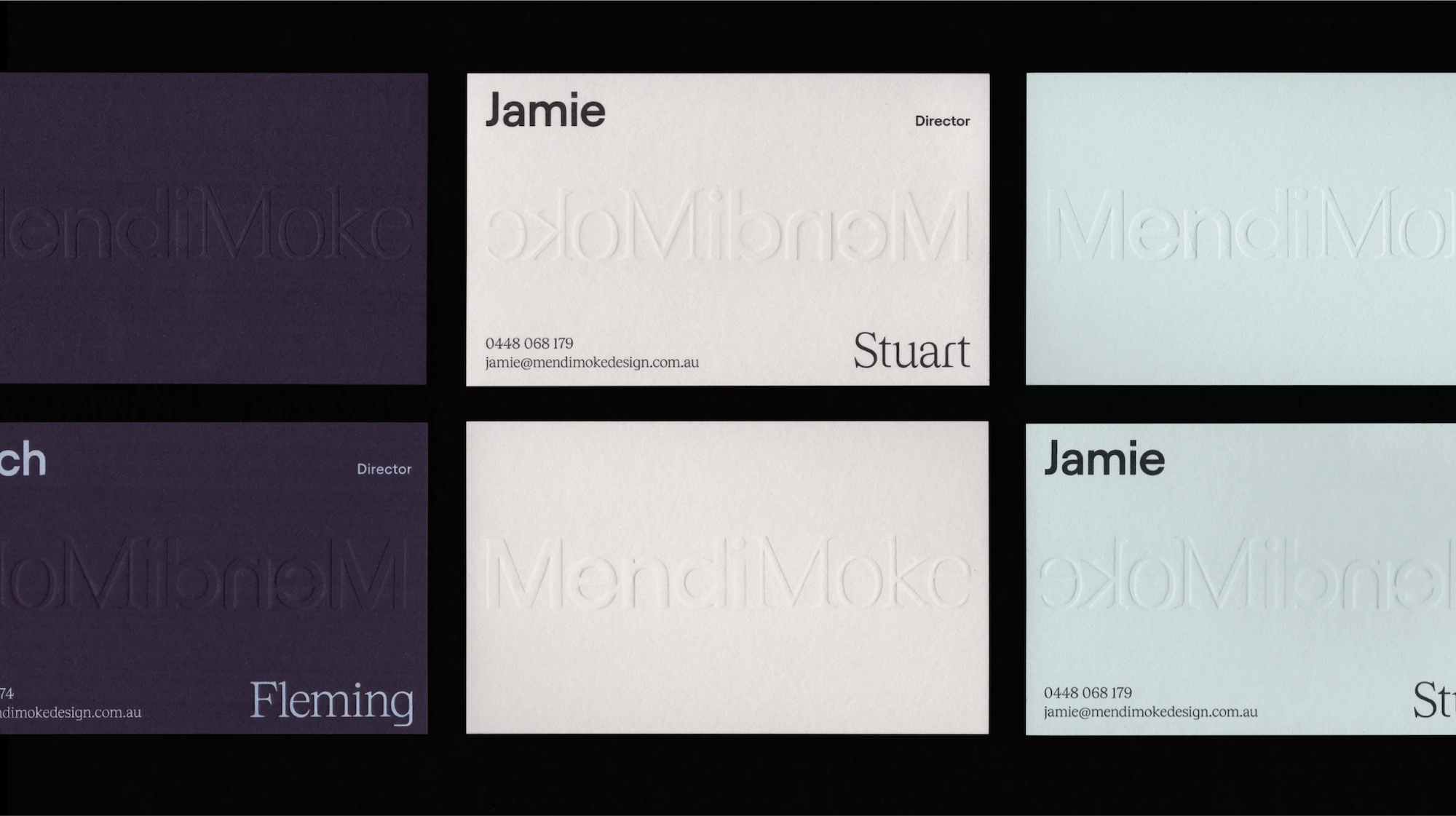 Business Card Design for Mendi Moke in purple, cream and pale blue