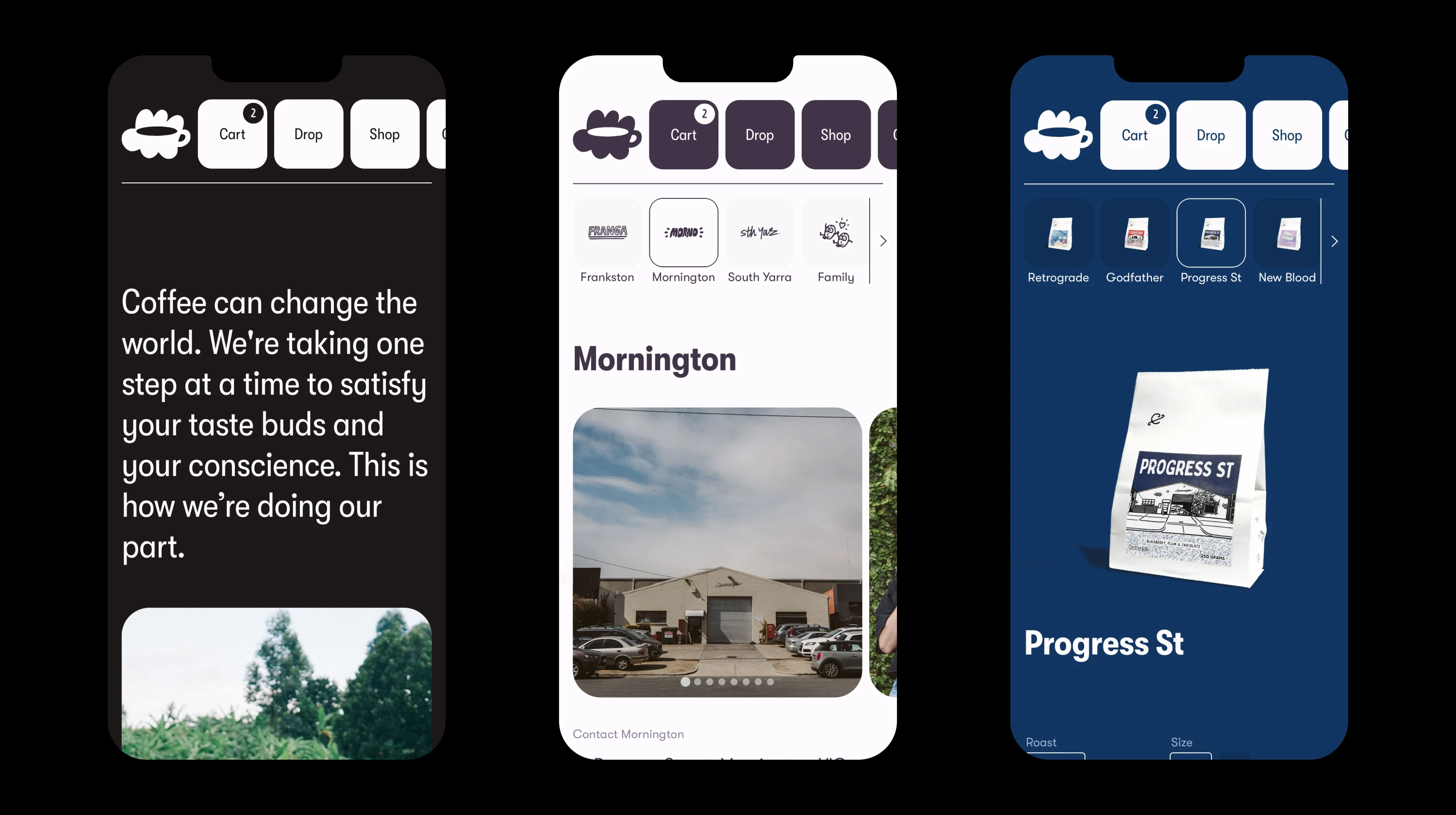 Mobile Website Design for Commonfolk: three phone screens including the Mornington and Progress St stores