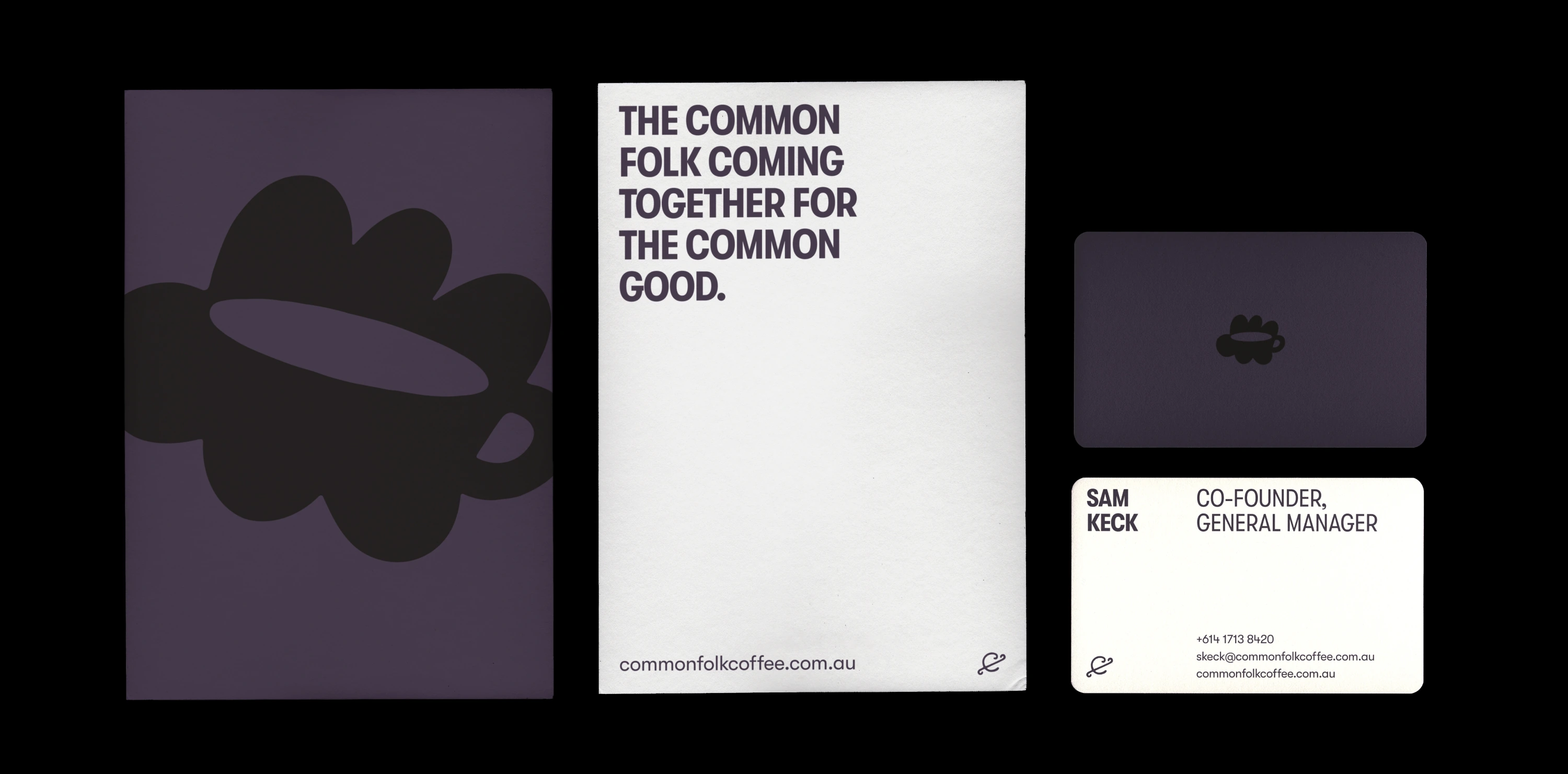 Stationery Design for Commonfolk: a coffee cup illustration, business cards and a card reading The Common Folk Coming Together For The Common Good