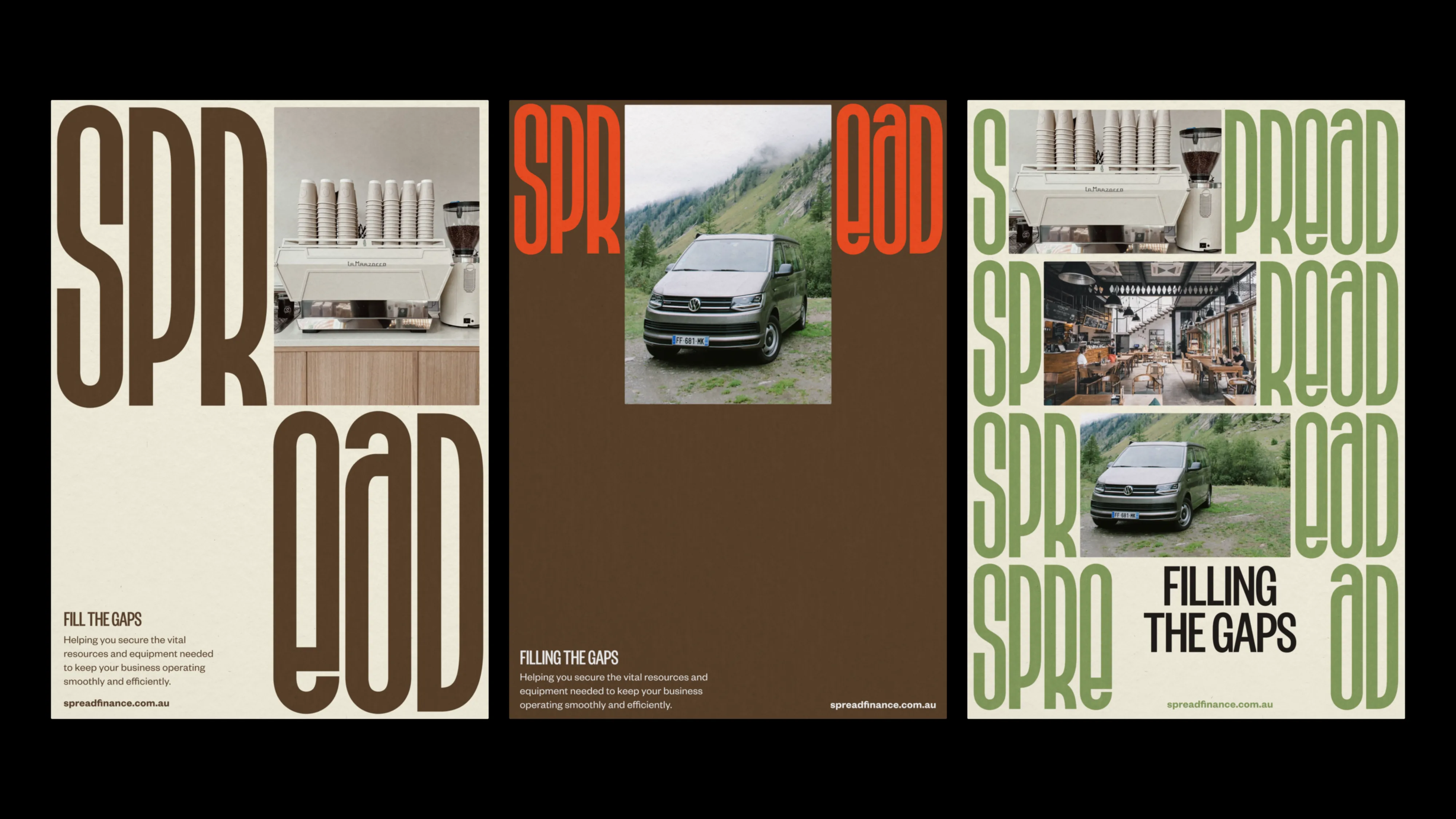 Poster Design for Spread Asset Finance, three posters with a coffee machine, a van and a cafe between the letters