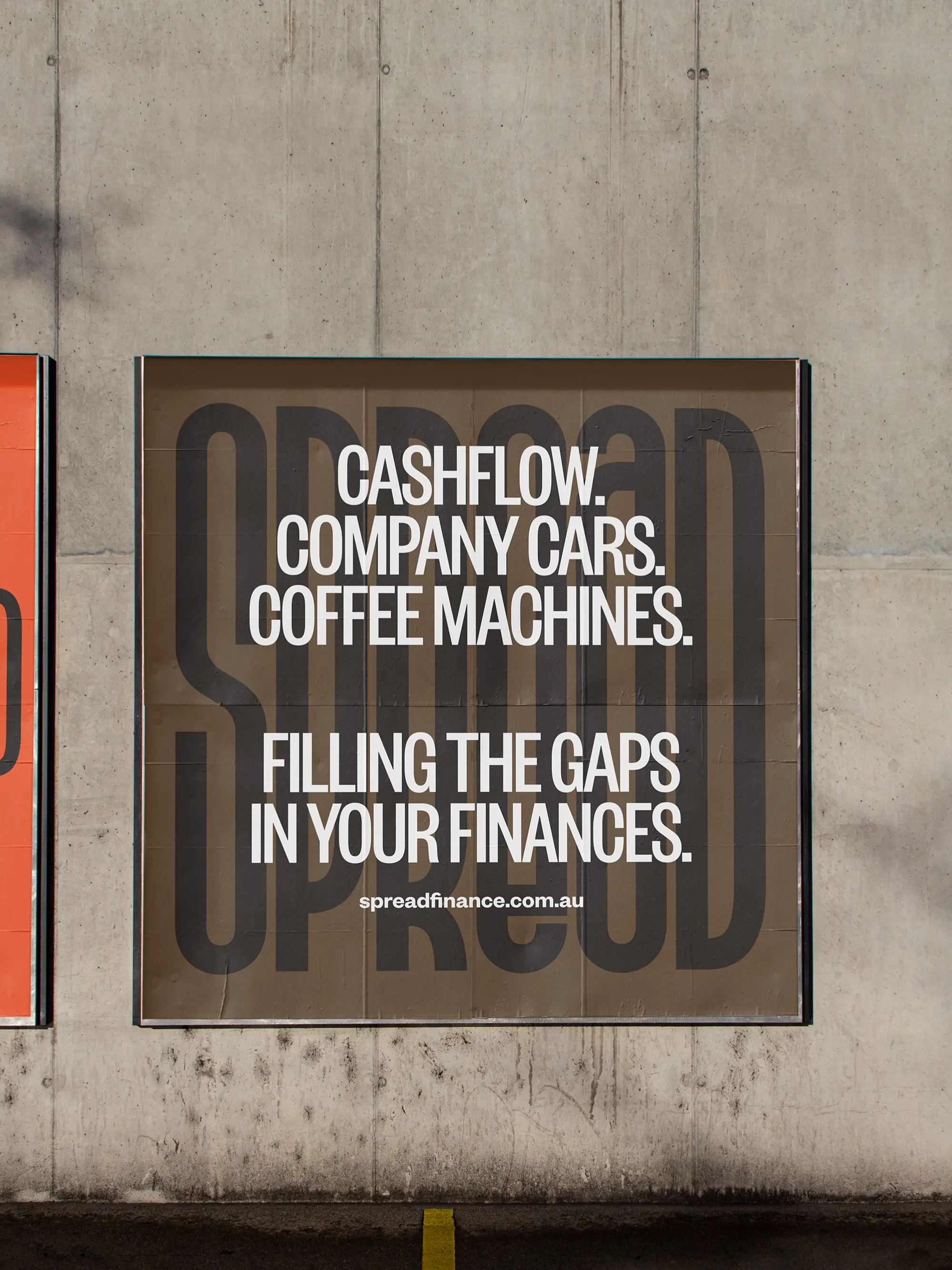 Poster Design for Spread Asset Finance: Cashflow. Company Cars. Coffee Machines. Filling the gaps in your finances, on a concrete wall