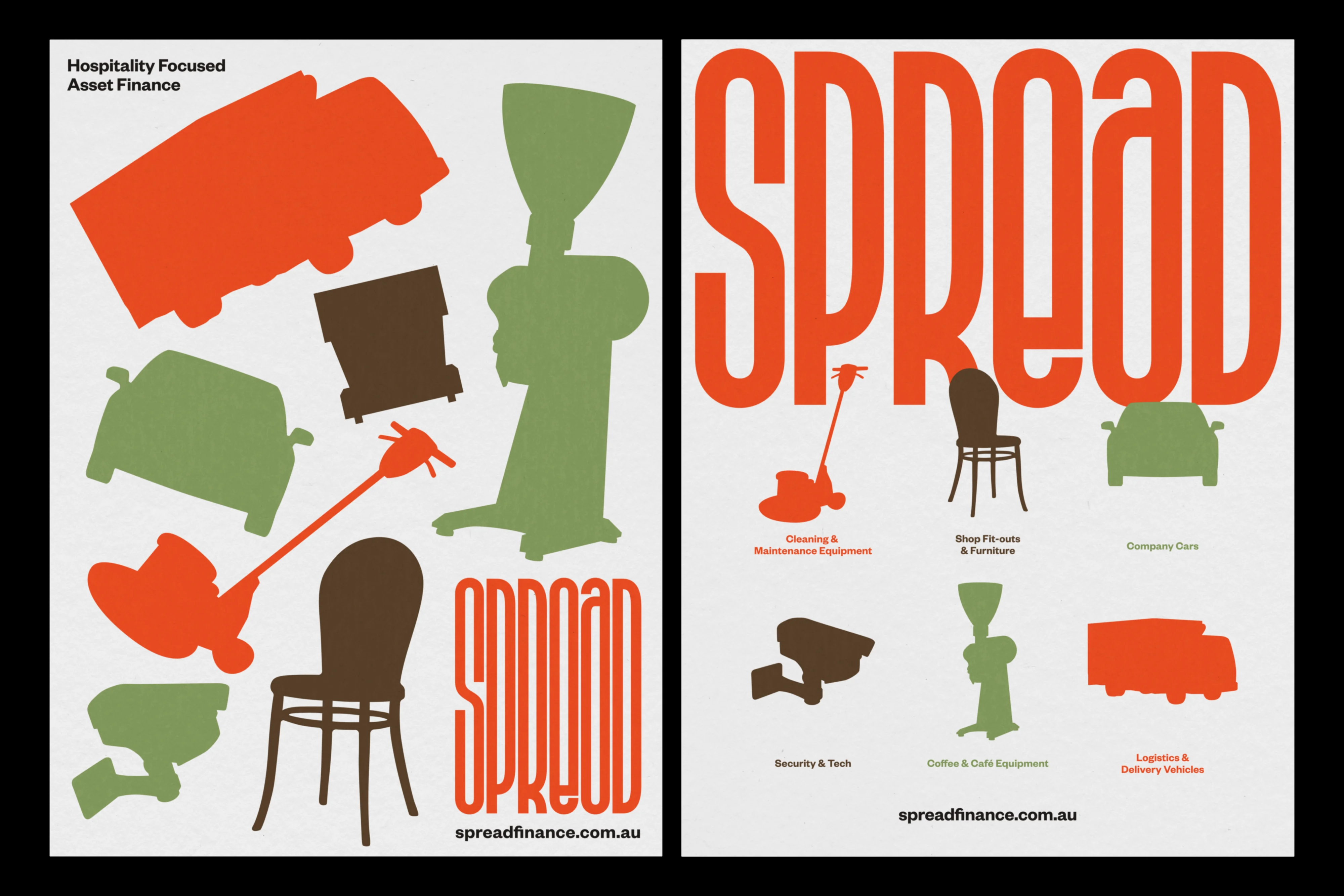 Poster Design for Spread Asset Finance, illustrated silhouettes of a truck, chair, coffee grinder and mower