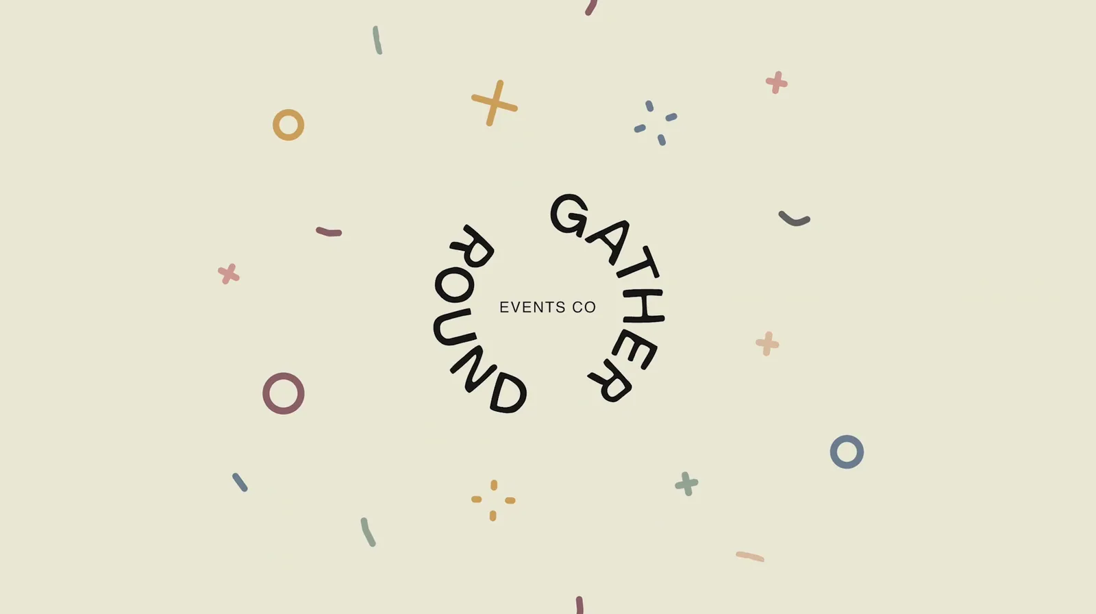 Gather Round Events Co circular wordmark among scattered confetti shapes