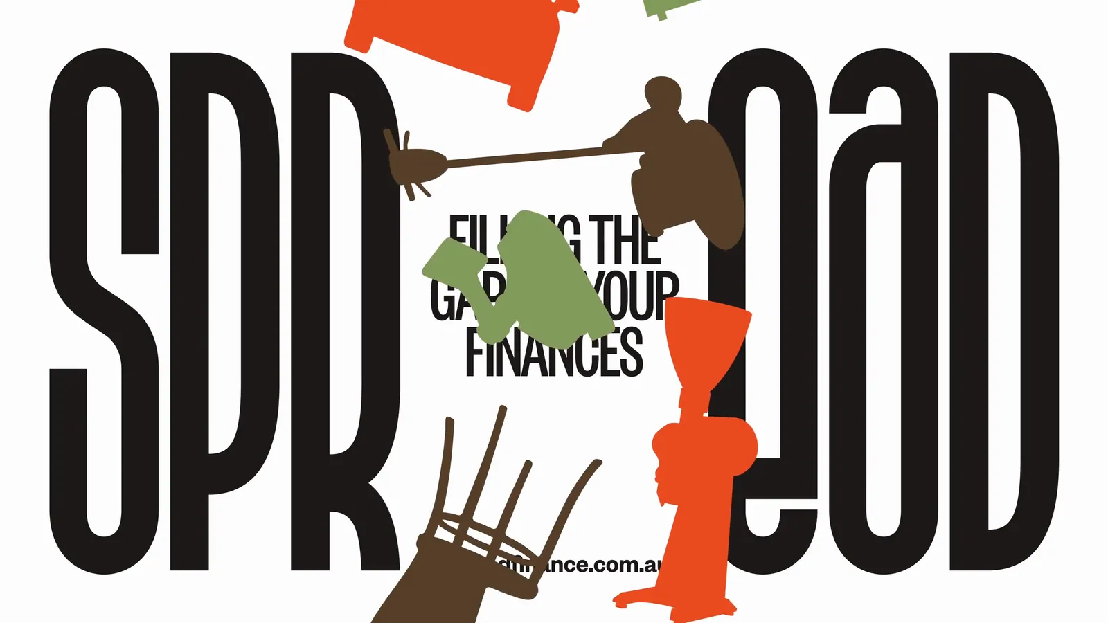 Spread wordmark split around the line Filling the gaps in your finances, with furniture and household objects falling through