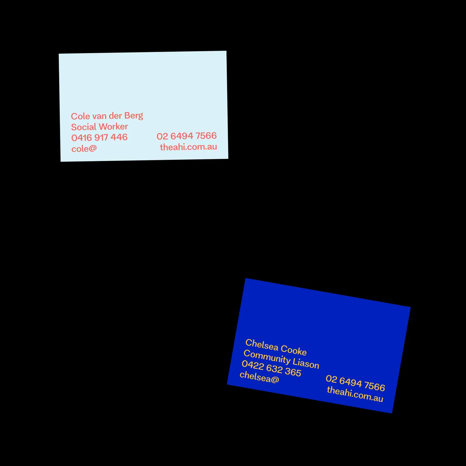 Branding Design for The AHI Business Cards stacking in blue, yellow, coral, green and pink
