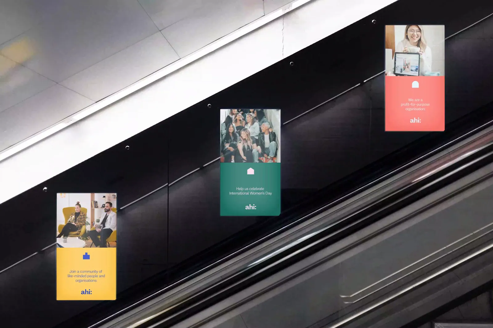 Branding Design for The AHI Digital Screens beside an escalator