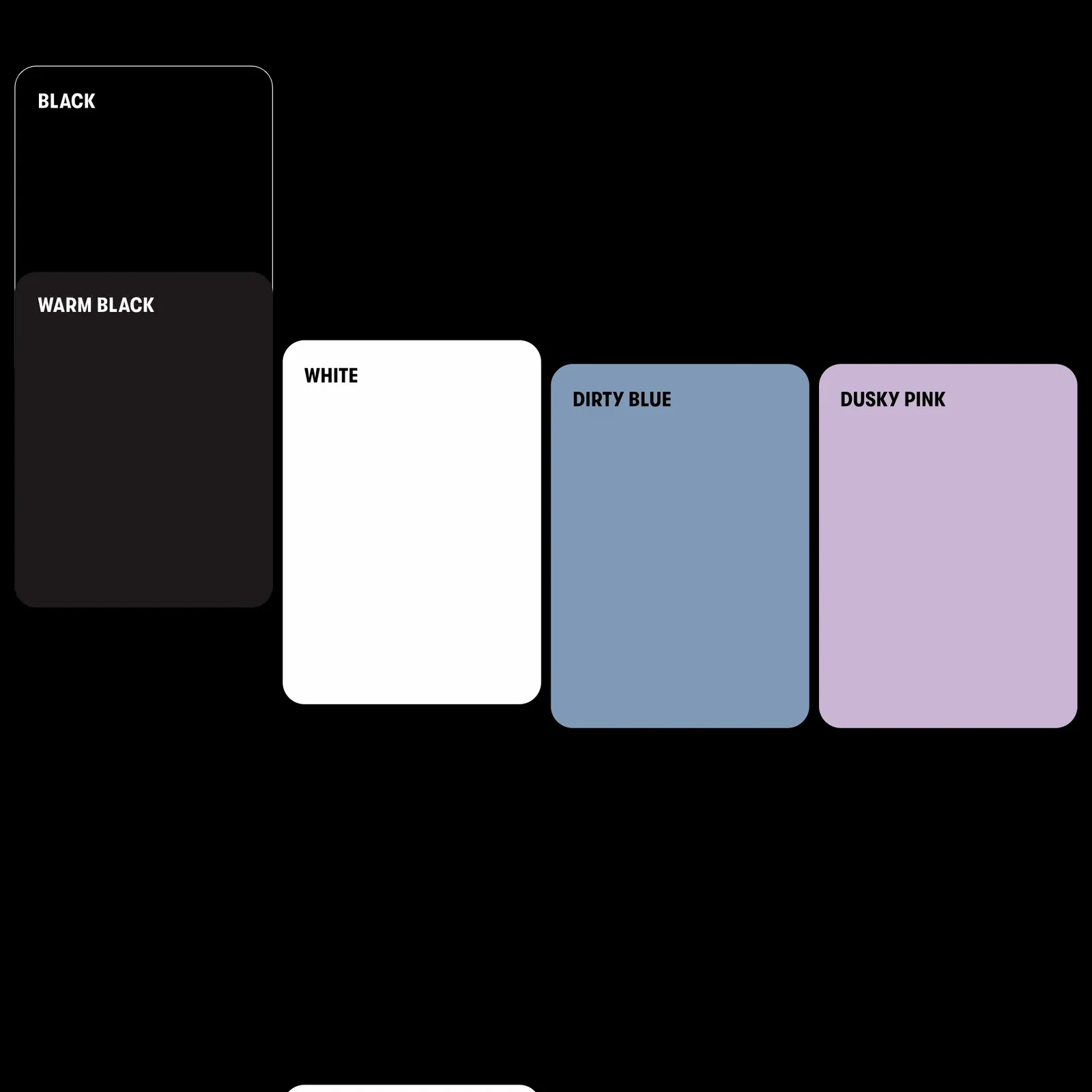 Colour Palette for Commonfolk, from warm black and off-white to bright accent colours