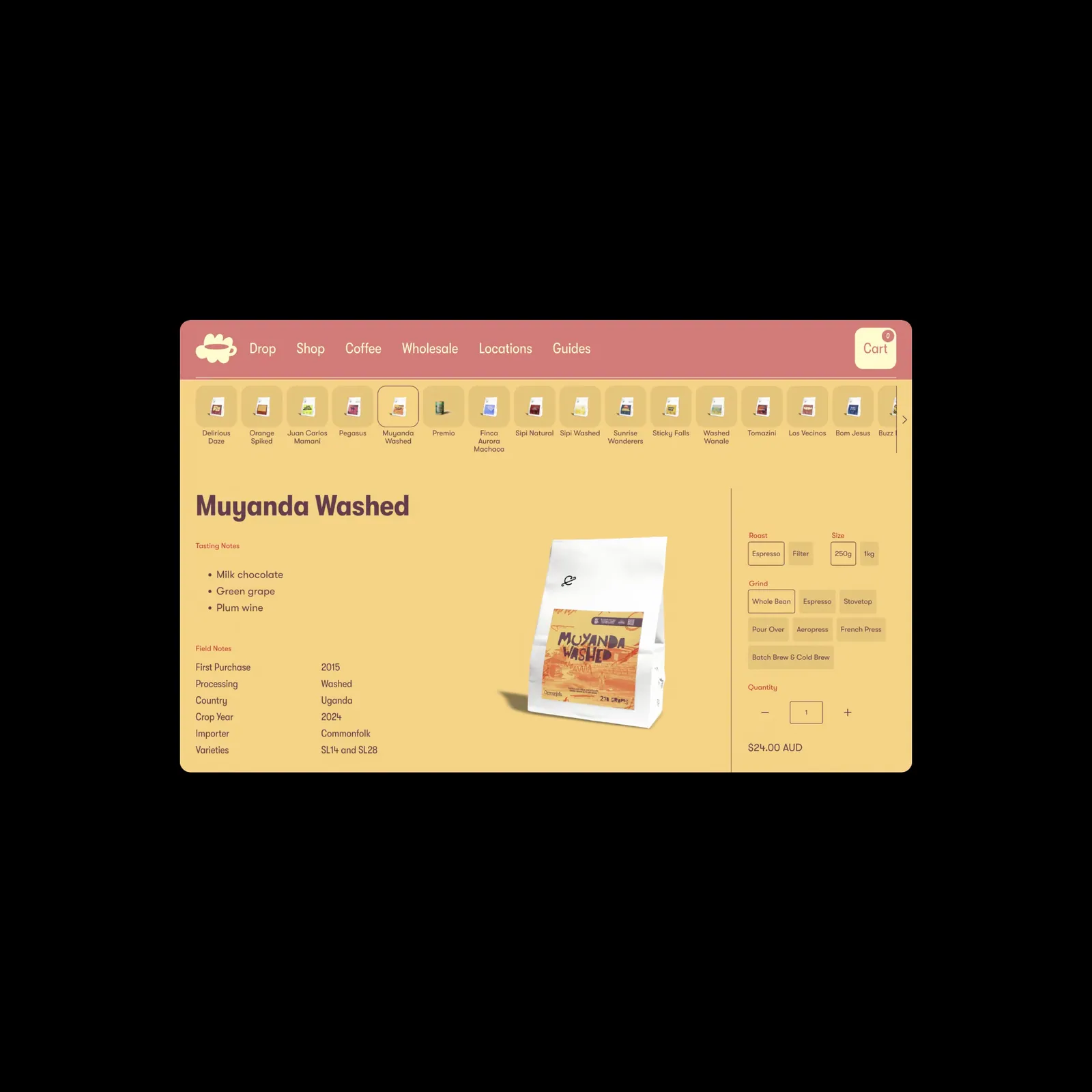 Product Page Design for Commonfolk, coffee bags on coloured backgrounds