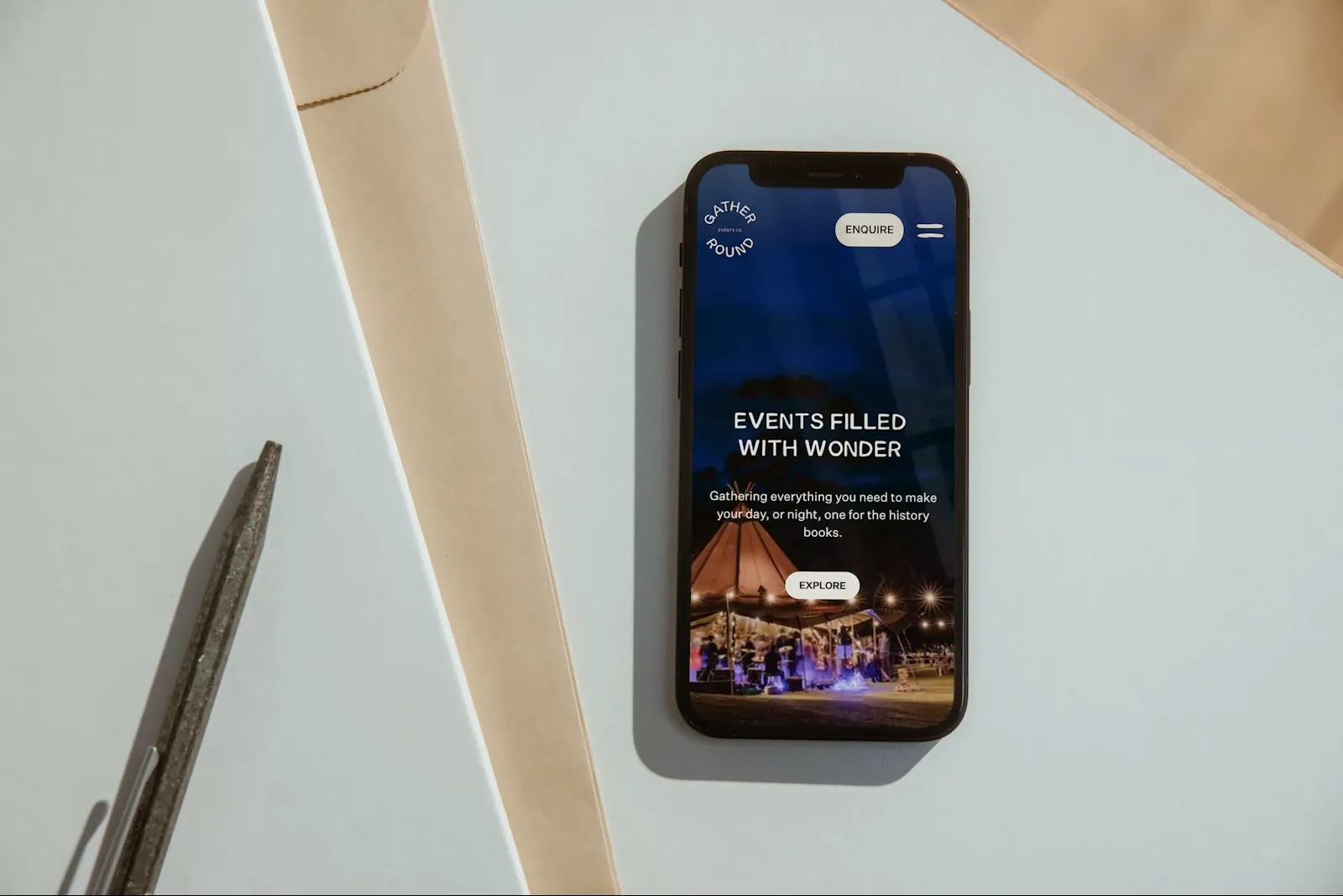 Branding Design for Gather Round Website on a phone