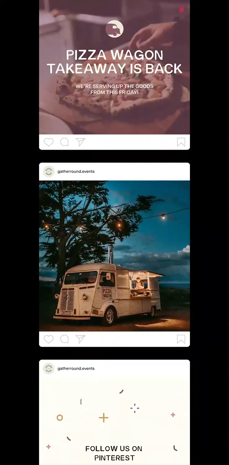 Branding Design for Gather Round Social Posts: the pizza wagon, tipis and events