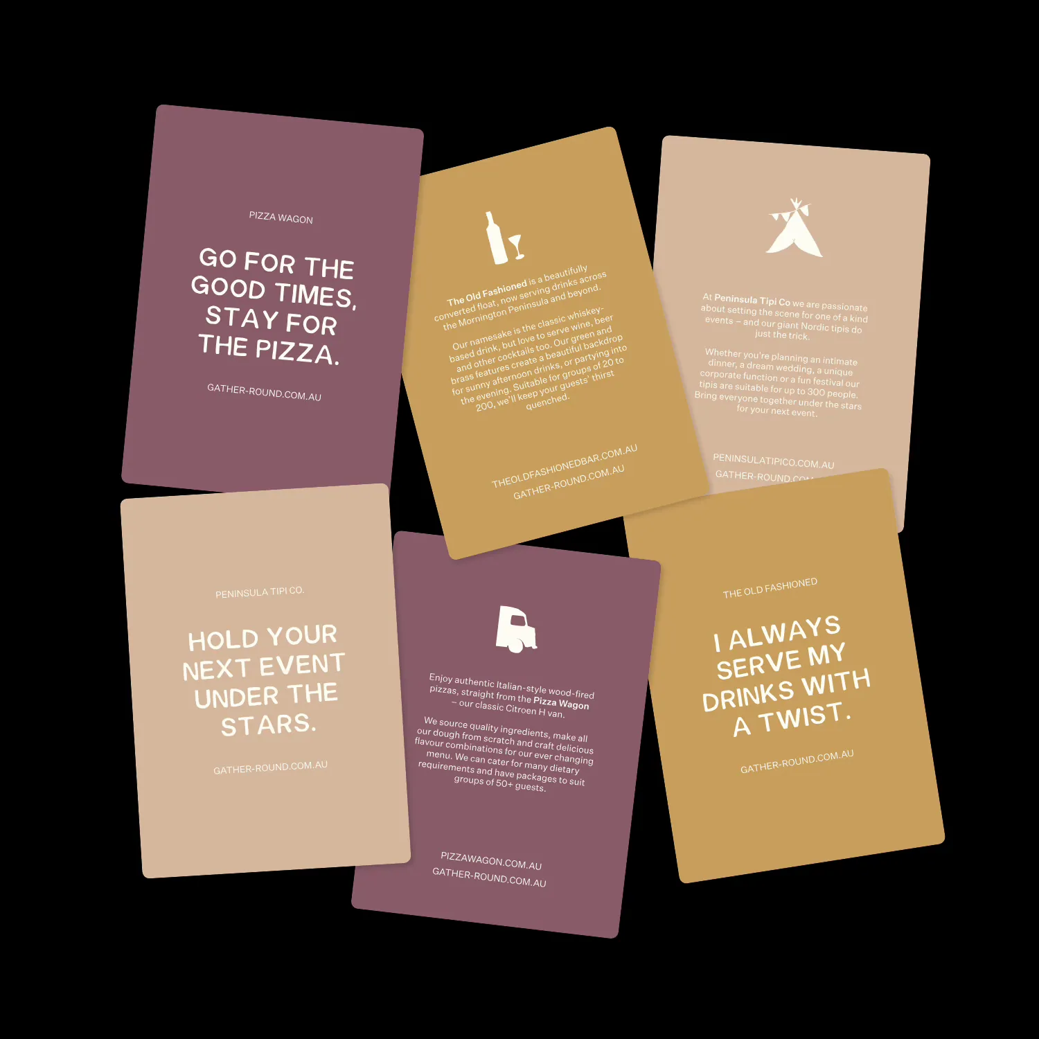Branding Design for Gather Round Print Material, a spread of cards